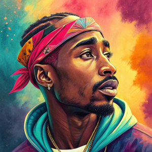 Digital art of Tupac Shakur. Brightly colored background, vibrant and bold illustration style, detailed facial features, close-up perspective