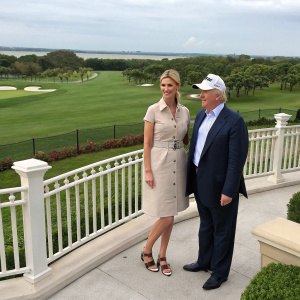 Ivanka Trump and Donald Trump, outdoors at a prestigious golf club. Ivanka in a casual beige dress and sandals, Donald in a navy blazer and white cap. The serene landscape includes manicured greens and a classic fence.
