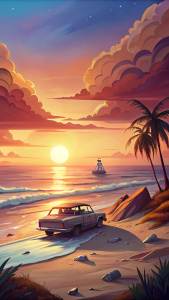 ghibli style, beach sunset with car in a sand