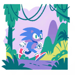 Sonic the Hedgehog, running at high speed through a pixel-art jungle scene. Vibrant colors, digital illustration style