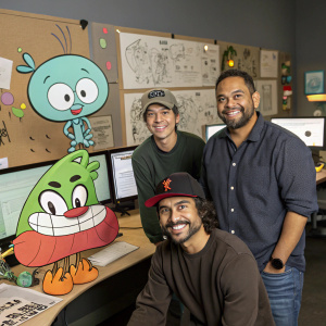 Kenn Navarro, Aubrey Ankrum, and Rhode Montijo, creators of the animated series Happy Tree Friends. Studio setting with various cartoon characters around them.