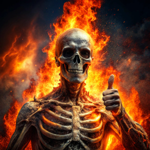 The burned skeleton shows a "thumbs up" symbol