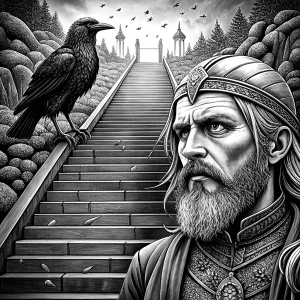 viking and raven in walhalla stairs runen symbols pattern - perfect realistic art, high-definition, high-definition grey and black, white background 