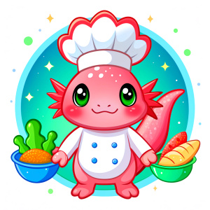 Cartoon Axolotl pink cheff, bread, baking  pie, cartoon kawaii