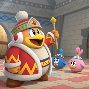 King Dedede, from Kirby games, standing in a game lobby. Resolute look on his face, next to characters from other Nintendo games.
