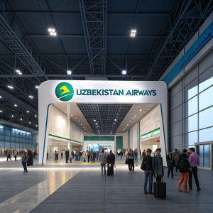Uzbekistan Airways exhibit in bustling airport terminal. Industrial design, high ceilings, artificial lighting creating professional ambiance. Diverse crowd, modern logo, wide entrance.