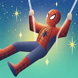 Andrew Garfield, digital painting, friendly face, web-slinging action pose, bright green background with tiny glowing stars