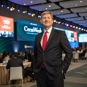 Allen Nye, CEO of Oncor Electric Delivery Co., standing in front of a dynamic conference hall backdrop at CERAWeek by S&P Global. Wearing a dark suit and red tie, he exudes leadership and presence.