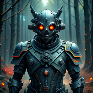 sci fiction roboter in black with monster head and guns in the forest