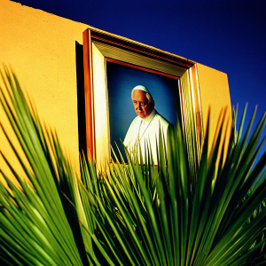Pope Benedict XVI in a modern studio setting. Wearing casual attire. No symbols of office present.