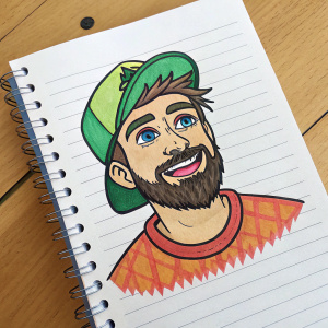 Illustration of Jacksepticeye, with a playful, cartoonish beard. Drawing on a simple notebook page, using bright, bold colors.