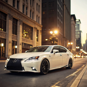 A pristine white Lexus GS 350 parked in a bustling city street. The vehicle's sleek design and shiny emblem contrast against the urban backdrop. Street lights cast a golden glow, highlighting the car's curves.