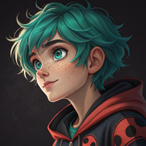 Close-up illustration of Luka Couffaine from Miraculous Ladybug. Digital art on a black background. Teal hair and eyes, youthful look