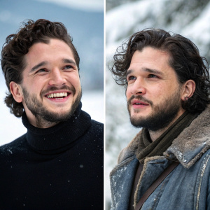 A side-by-side comparison of Kit Harington. In one photo, he is dressed casually, smiling. In the other, he wears a black turtleneck, beard, and determined expression, set against a snowy backdrop.
