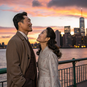 Daniel Dae Kim and Mia Kim on the set of a romantic drama. City skyline at sunset in the background