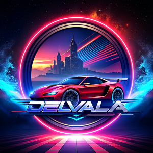 word "DELVALA" fast racing style logo in circle with cyberpunk style