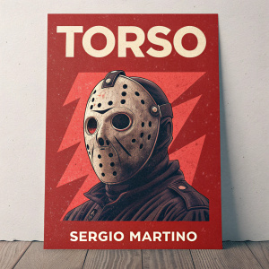 Movie poster for 'Torso' directed by Sergio Martino. Central focus on a detailed mask-like object with rough texture. Vibrant red background. Bold, angular design. Clear, informative text for title and director's name.