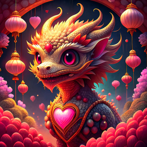 A majestic golden baby dragon with nice scales with piercing and captivating eyes and no ears and ((Open mouth)).The gold baby dragon is surrounded by an array of colorful purple Chinese lanterns, which cast a warm, festive glow over the scene.  In the background, an impressive fireworks display illuminates the night sky, contributing to the festive atmosphere. Realistic details, Ultra high definition