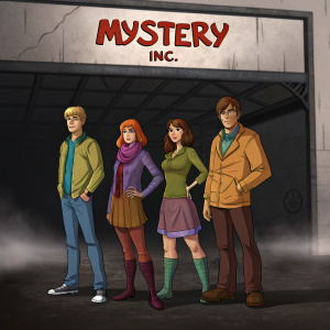 Digital art of Scooby-Doo gang. Mystery Inc. logo. Dark and gritty atmosphere. No background