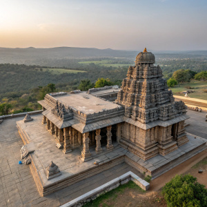 Chandramouleshwara Temple in Arasikere, Hassan District, Karnataka, India. Aerial view showcasing intricate stone carvings and multiple levels of pillars.