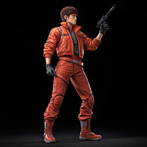 Shotaro Kaneda from Akira. Large frame, sturdy build, orange jacket, red accessories. Holding gun, ready stance. Against empty black background.