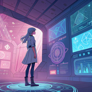 Rei Ayanami standing in a futuristic room filled with advanced technology and mystical artifacts. Pink, blue, and purple hues dominate the background, which features a blend of geometric patterns and ethereal lighting.