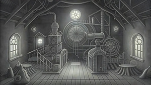  inside a steampunk house, realism, perfect composition, low detailed, 4D,