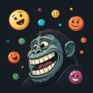 Digital art of a troll face surrounded by floating emojis. Uniformly dark background.