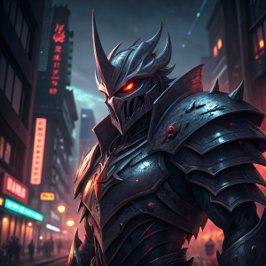 Digital artwork featuring Mordekaiser from League of Legends. Dark metallic armor, sharp edges, fierce face, glowing red eyes. Set against a glowing neon cityscape at night.
