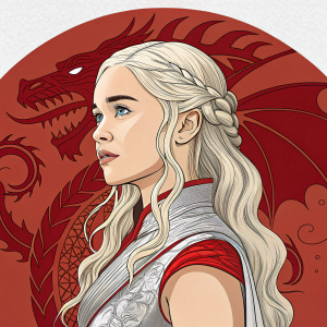 Digital illustration of Emilia Clarke as Daenerys Targaryen. Cartoon style with a detailed and vibrant artwork. Red toned dragon-themed background