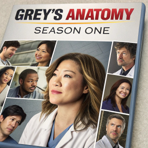 DVD cover for the first season of Grey's Anatomy, featuring a collage of the main cast in various scenes. The color scheme is primarily neutral with a mix of tones. It highlights the diverse cast including Caucasian, Asian, and other ethnic backgrounds. The title 'Grey's Anatomy - Season One' is boldly displayed.
