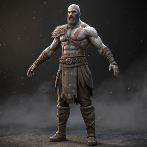 A 3D render of Kratos from God of War III, standing with arms spread wide. His body is made of rough, gray material. The background is dark and ominous.