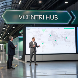 Presentation slide for Vcentri Hub project. Futuristic indoor setting with map and Russian text overlay.