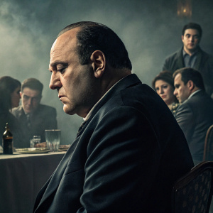 Promotional poster for HBO's The Sopranos. Central figure, Tony Soprano, in a dark suit, sitting in front. Muted color palette with darker tones. Background features a group of characters in muted tones, suggesting a tense family dinner setting.