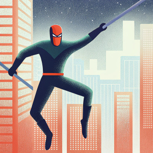 Illustration of Daredevil, a vigilante superhero. Green suit with red-tinted mask. Poses dramatically. Cityscape background at night.