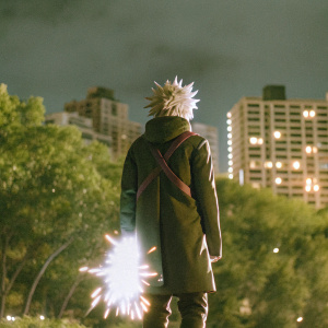 3D rendering of Katsuki Bakugou from My Hero Academia. Standing against a dark, night sky with city lights below.