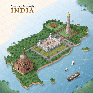 Interactive digital map of Andhra Pradesh, India. Featuring landmarks and structures in a 3D style. Includes a website URL for additional details.