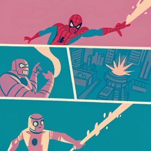 Dynamic panels featuring Spider-Man in action. Vivid colors and detailed lines. Sequence shows Spider-Man engaging in intense battle with villains. Backgrounds vary from urban landscapes to sci-fi environments. Comic book style illustration.