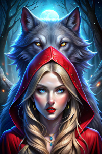 hombre lobo licántropo, con una mujer con capucha roja, blanca rubia de ojos azules