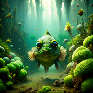 Slimejack (fictional green fish which live in swamp water) deep underwater