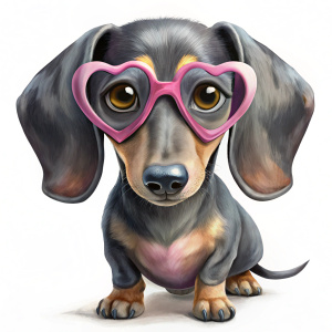 
caricatura perro salchicha gris con negro cuerpo completo  con gafas fucsia de corazon, fondo blanco