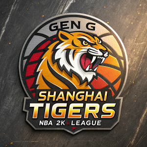 Dynamic tiger mascot logo for Gen.G Shanghai Tigers. Metallic, grungy design with bold text emphasizing Shanghai and NBA 2K League affiliation. Promotional artwork.