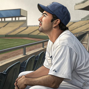 Adrian Gonzalez, baseball player, in a casual white t-shirt. Sitting on a bench, stadium background.