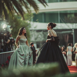 Vanessa Hudgens and Rosario Dawson on the SAG Awards red carpet. Vanessa in a light green dress, Rosario in a black gown with updo hairstyle.