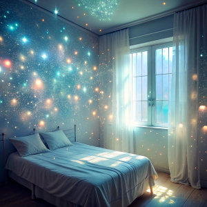 close powder white particles  real retro light pastel bedroom bed window curtain   The  Bioluminescent phenomenon ultra  Amazing light reflections 
