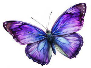 Beautiful purple butterfly in full body close-up portrait, flying with grace. Generative AI.on white back ground

