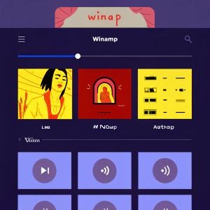 Screenshot showcasing the sleek and intuitive Winamp player interface. Dark theme with vibrant media elements including album art, song titles, and playlist organization in a grid layout.