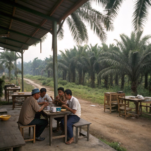 di kawasan perumahan felda kelapa sawit Malaysia pada tahun 1960 di kedai makan kecil di kampung, beberapa peneroka felda melayu duduk minum kopi dan bersembang, ladang kelapa sawit 