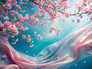 blue background, pink sakura, pink silk, wind, soft light