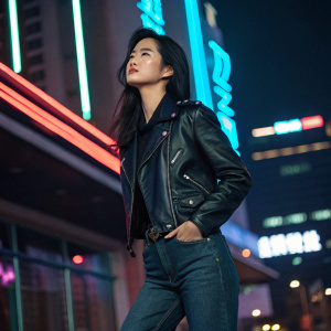 Liu Yifei, Asian actress, standing confidently. Wearing a black leather jacket and jeans. Against neon-lit cityscape background